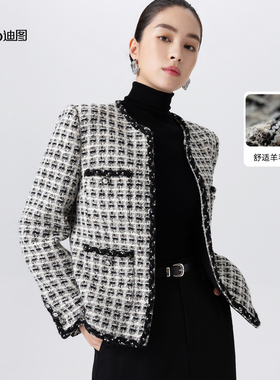 Ditto/迪图小香风粗花呢短外套女通勤百搭羊毛圆领撞色时尚外套