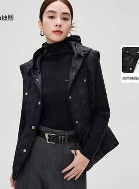 2025秋冬新款简约保暖时尚气质百搭休闲通勤黑色绗棉女士连帽马甲