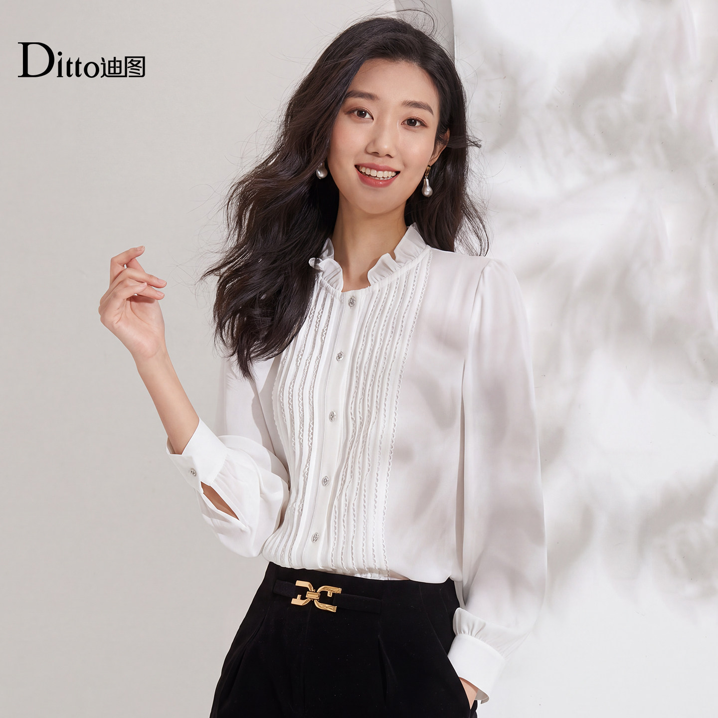 ditto荷叶边白衬衫女优雅气质时尚职场通勤长袖宽松百搭衬衣