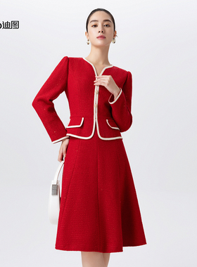 迪图2025秋冬新款重工假两件法式名媛千金风收腰红色小香风连衣裙