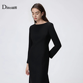 Ditto 迪图轻熟优雅风黑色长袖 连衣裙女收腰显瘦气质裙极简风