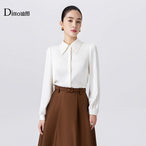 迪图法式刺绣白色女衬衫