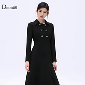 Ditto 迪图轻熟优雅风黑色翻领双排扣连衣裙女收腰长裙职场气质裙