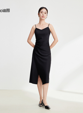 【商场同款】迪图2025夏季黑色吊带连衣裙优雅收腰开叉性感小黑裙