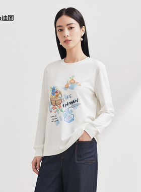 Ditto/迪图2025秋季新款休闲百搭印花白色上衣长袖T恤