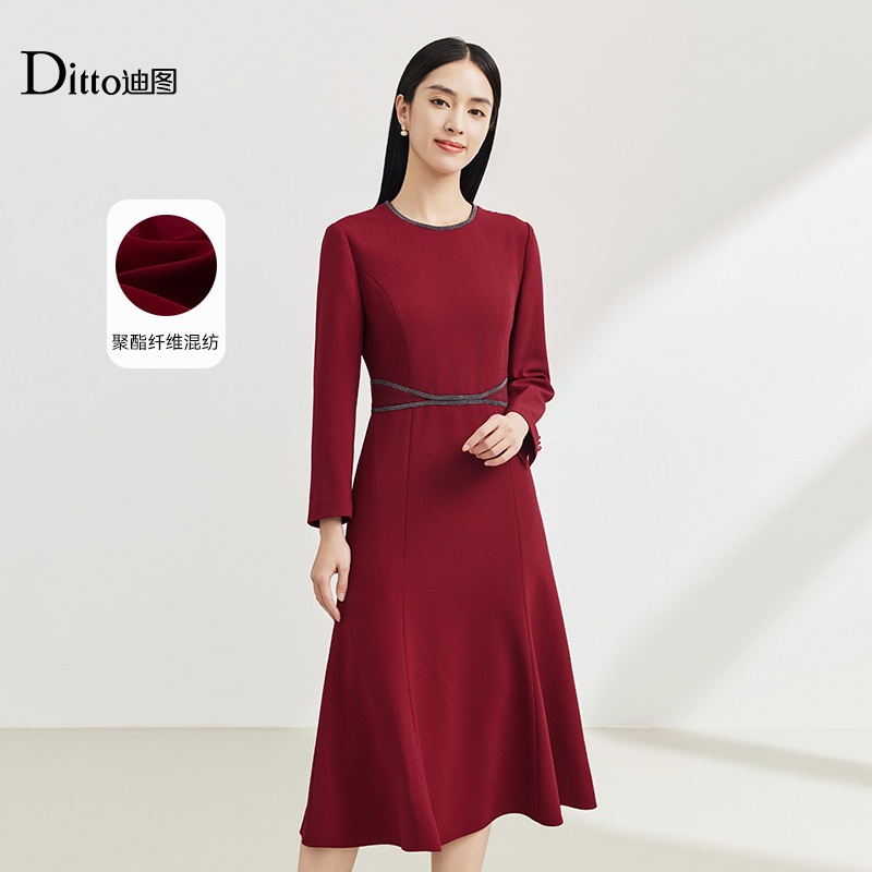迪图优雅职场修身圆领连衣裙女