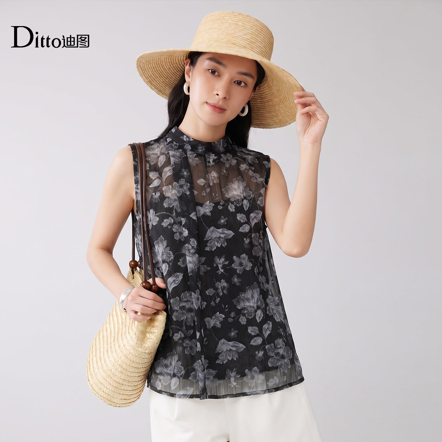 Ditto/迪图法式碎花无袖雪纺衫女夏系带显瘦气质度假风上衣