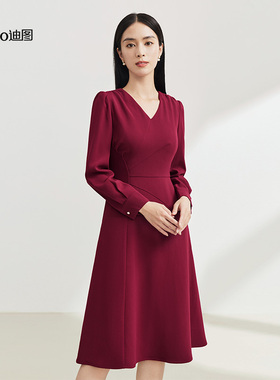 迪图红色连衣裙女春季新款优雅职场通勤轻奢修身显瘦长袖裙子