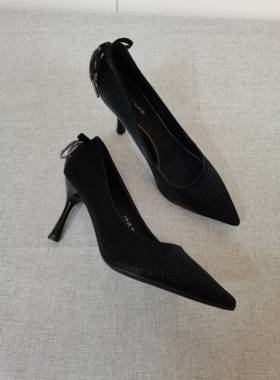 百搭新款单鞋性感尖头水钻蝴蝶结时尚法式黑色高跟鞋女细跟晚宴鞋