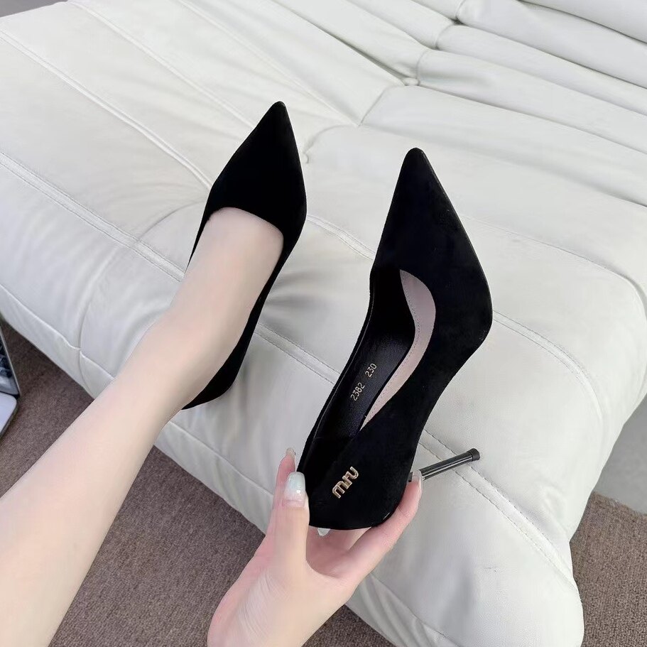 优质羊京绒面黑色超高跟晚宴女单鞋四季百搭工作鞋2024新款高跟鞋