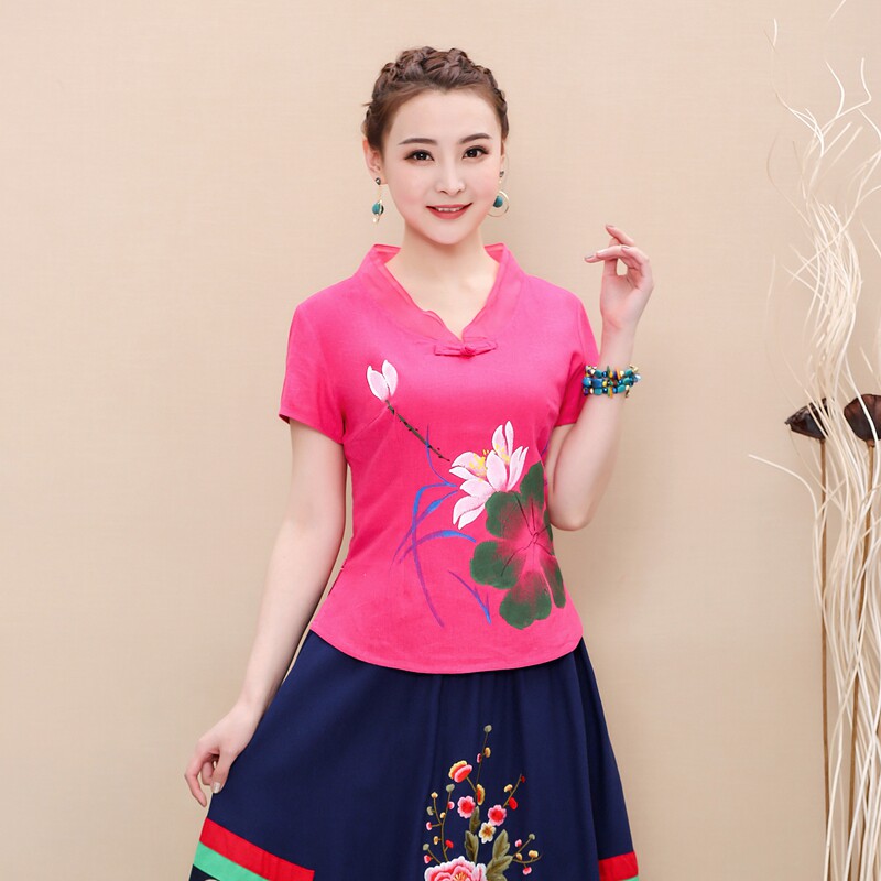 唐装上衣女2025民族风改良时尚款修身显瘦短款手绘亚麻茶人艺服装