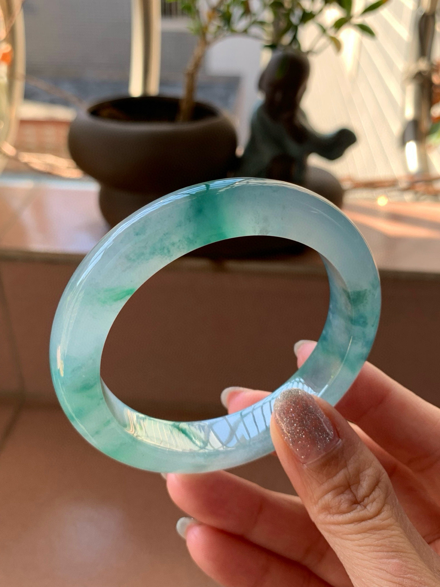 【小陈翡翠】缅甸天然翡翠a货冰飘蓝花55正圈翡翠手镯