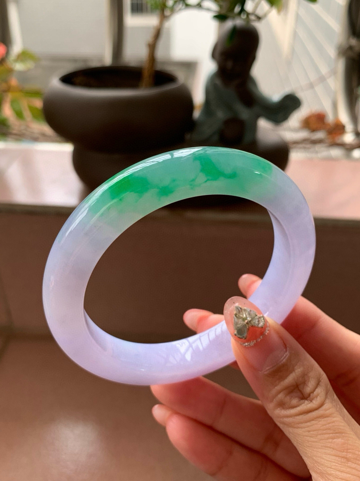 【小陈翡翠】缅甸天然翡翠a货冰春彩冰紫罗兰飘阳绿花57正圈手镯