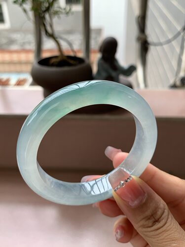 【小陈翡翠】缅甸天然翡翠A货冰飘蓝绿花50-51正圈翡翠手镯