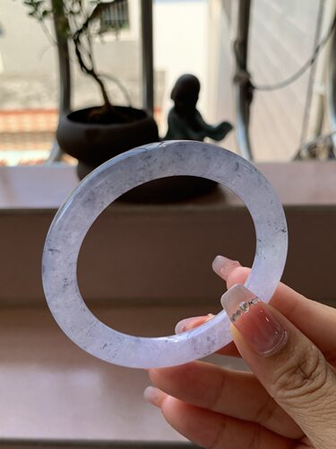 【小陈翡翠】缅甸天然翡翠A货冰紫飘乌鸡花53-54圆条翡翠手镯
