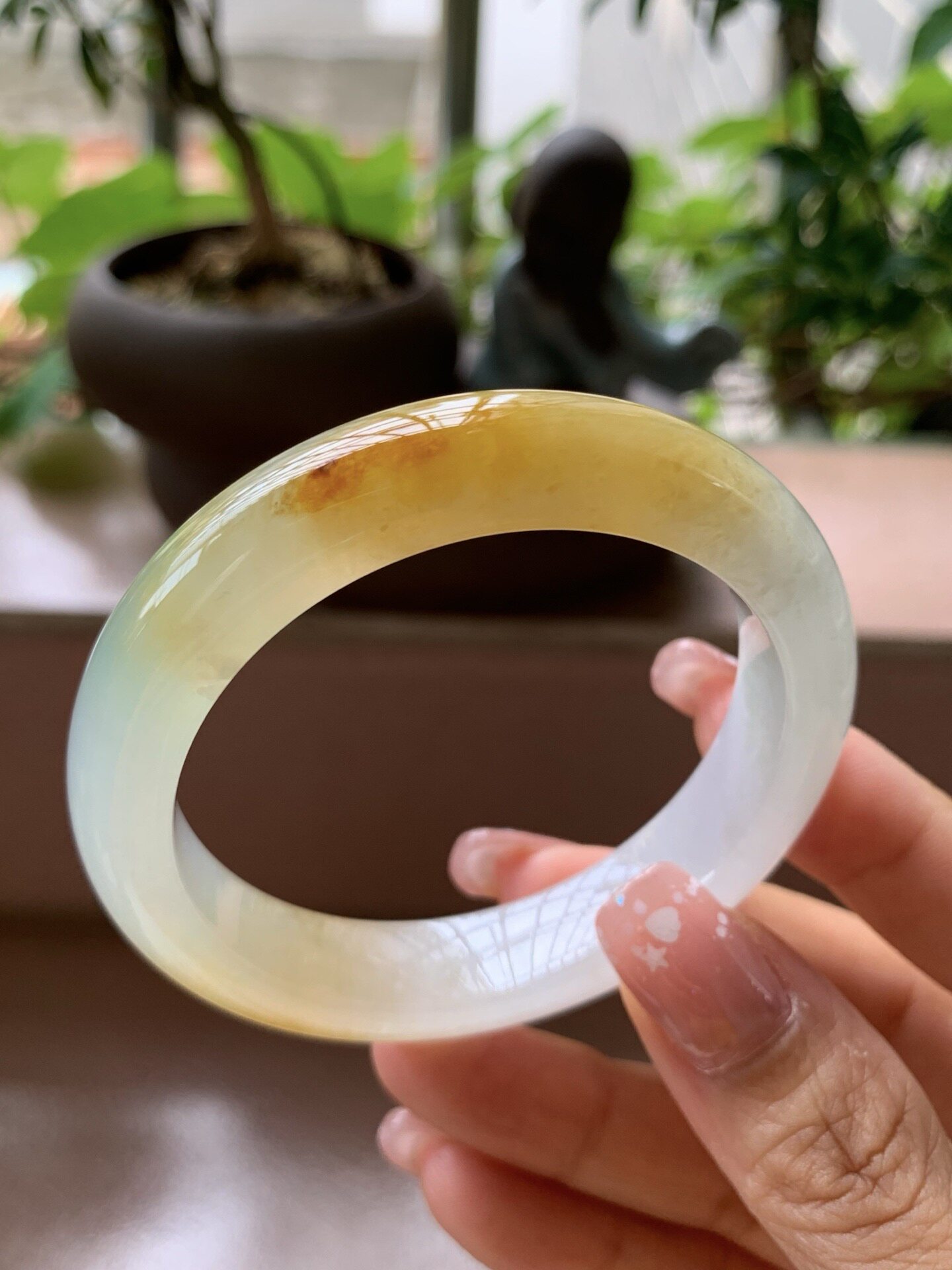 【小陈翡翠】缅甸天然翡翠A货冰飘黄翡飘点绿51正圈翡翠手镯