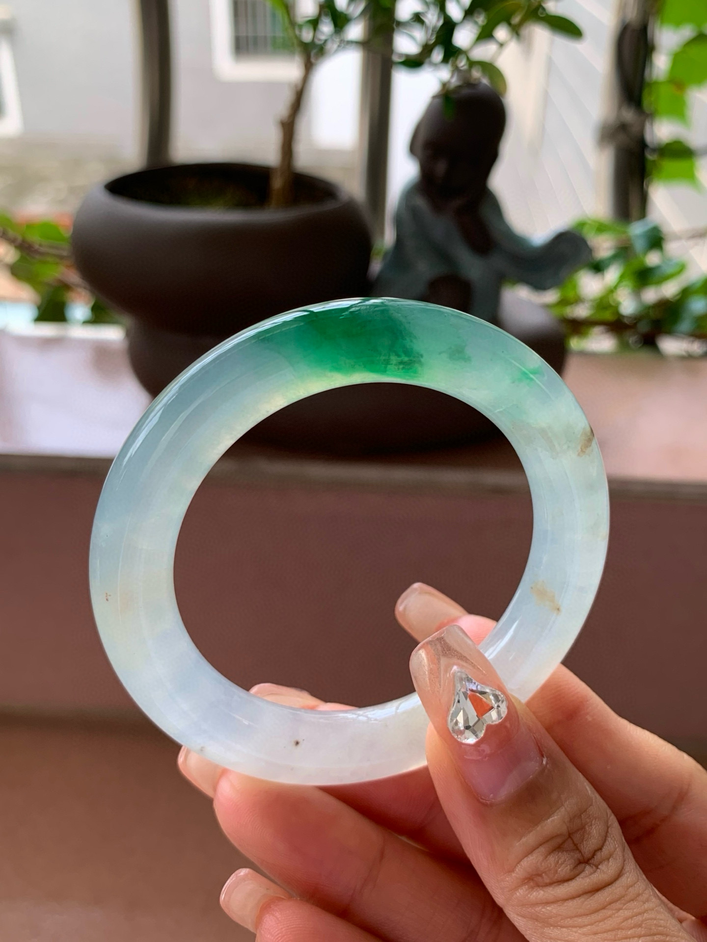 【小陈翡翠】缅甸天然翡翠a货冰种飘绿花49-50小圈口圆条翡翠手镯