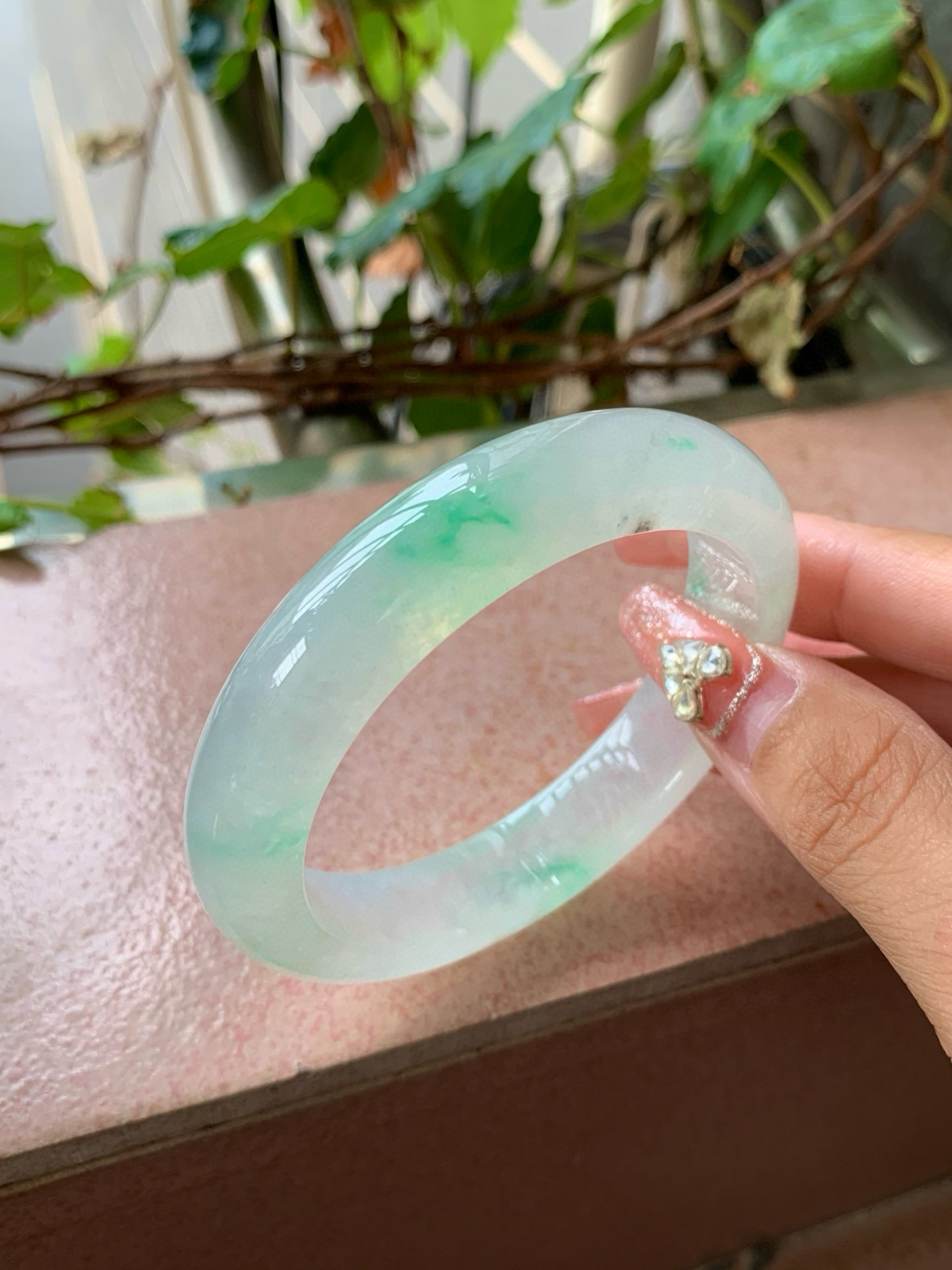 【小陈翡翠】缅甸天然翡翠a货冰飘绿花55正圈翡翠手镯