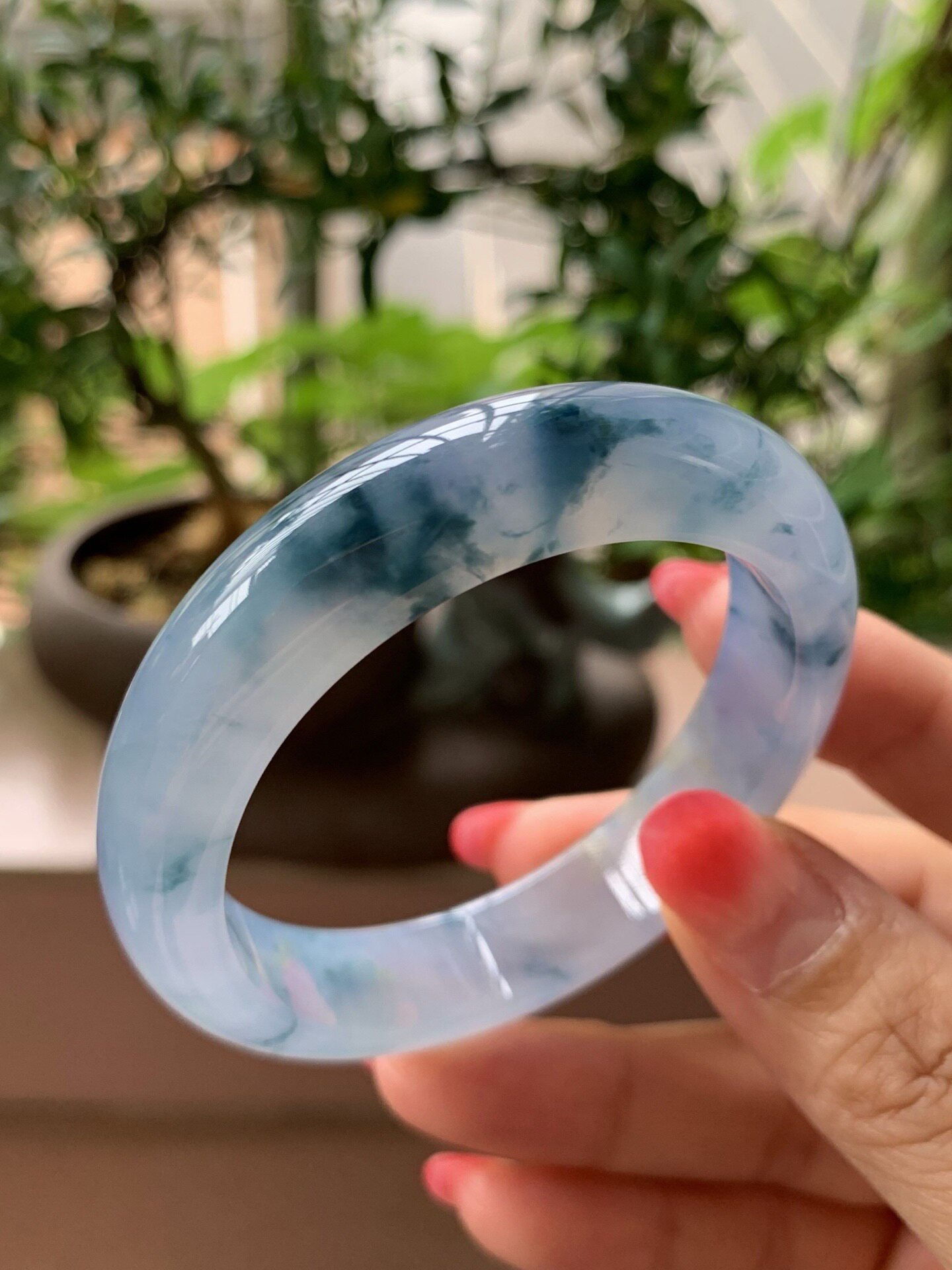 【小陈翡翠】缅甸天然翡翠A货冰蓝紫飘兰花55-56贵妃翡翠手镯