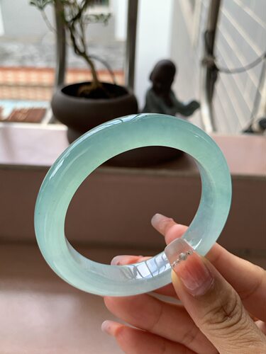 【小陈翡翠】缅甸天然翡翠A货冰晴绿55正圈翡翠手镯