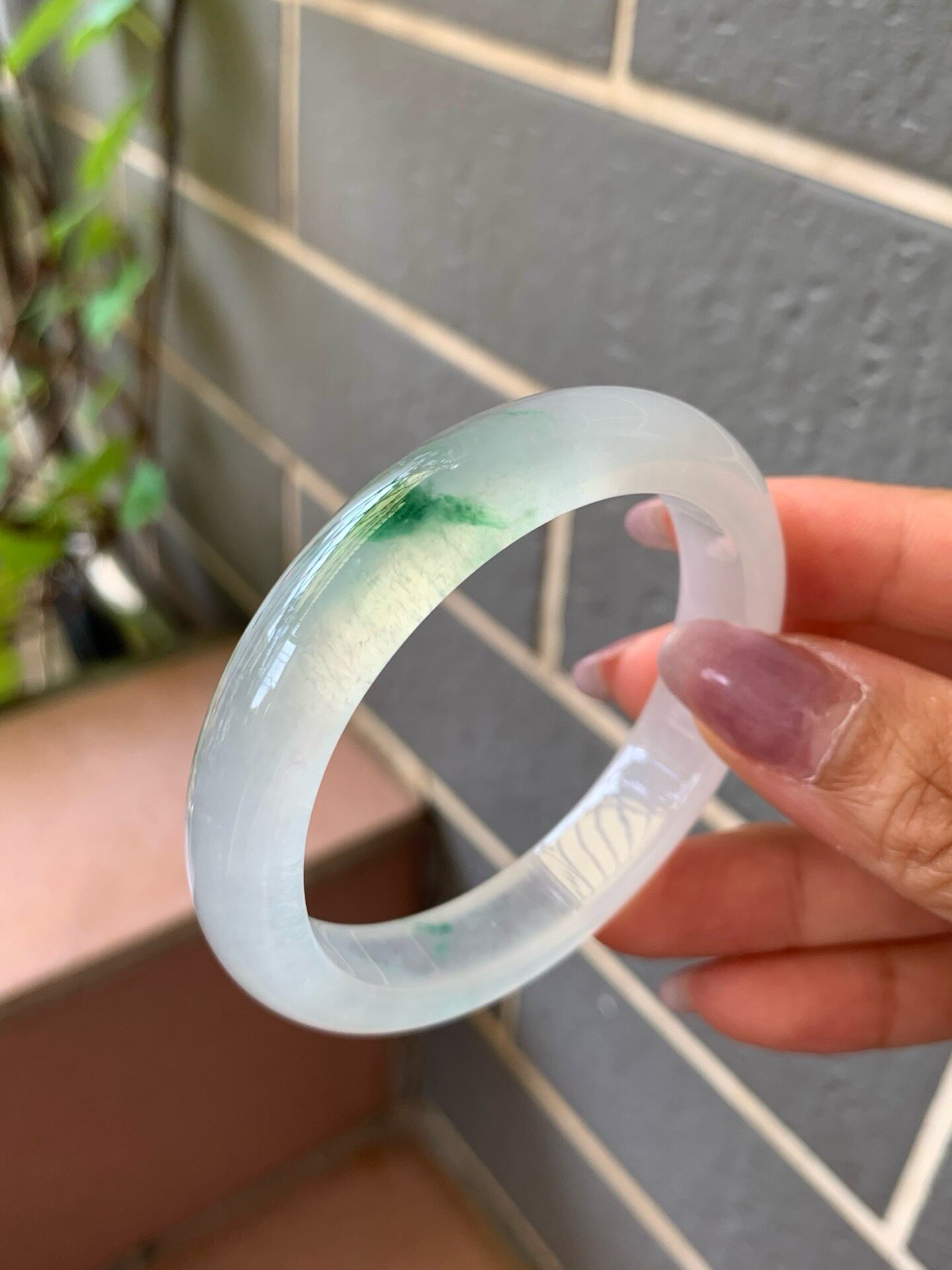 【小陈翡翠】缅甸天然翡翠A货冰种飘绿花50小圈口正圈翡翠手镯