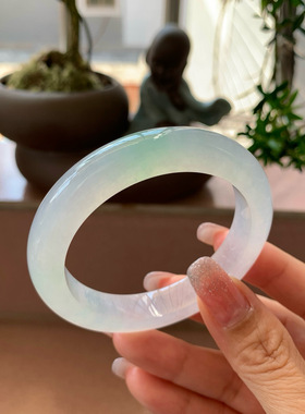 【小陈翡翠】缅甸天然翡翠A货冰飘浅绿52-53正圈翡翠手镯