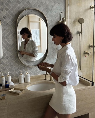 正肩亚麻长袖衬衫短裙套装