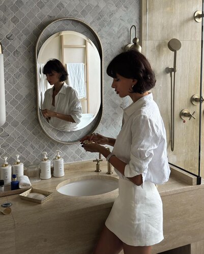 正肩亚麻长袖衬衫短裙套装