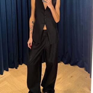 轻奢老钱 套装 中长款 休闲西裤 亚麻V领马甲 26春夏新pepamack同款