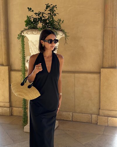 缎面挂脖连衣裙V领露背宽松裙子