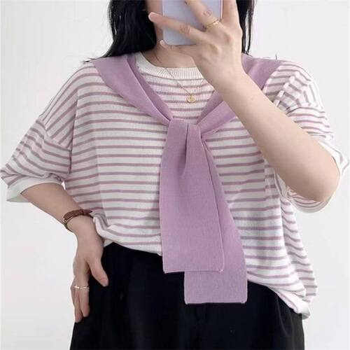 300斤大码条纹针织T恤女夏装