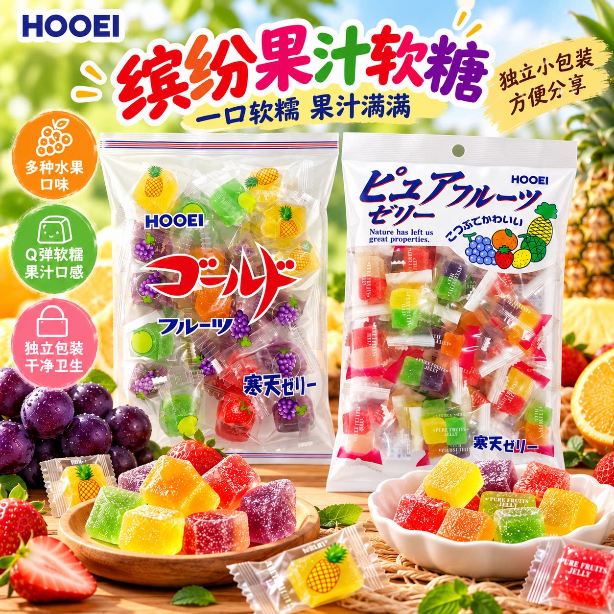 日本HOOEI丰荣寒天果冻糖缤纷水果软糖 日式啫喱糖果儿童零食QQ糖