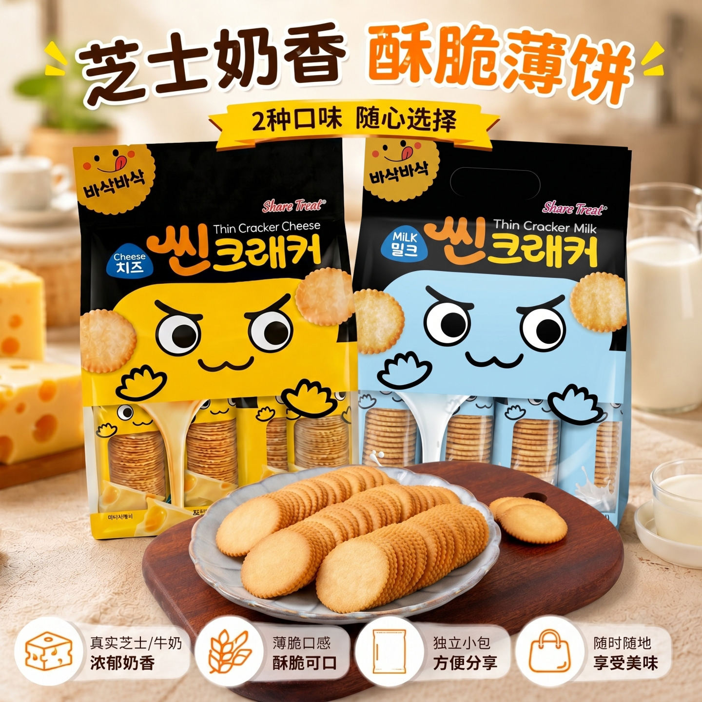 韩国风味薄饼芝士味薄切饼360克 牛奶薄脆饼干独立包装办公下午茶