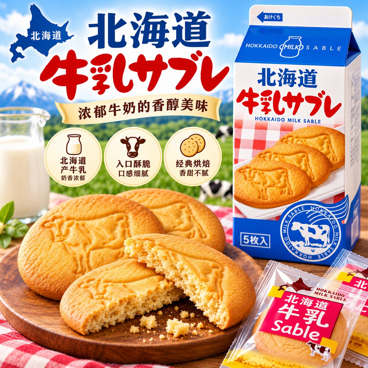 日本若狭本铺北海道超纯牛乳饼干5枚 儿童营养早餐点心牛奶饼曲奇