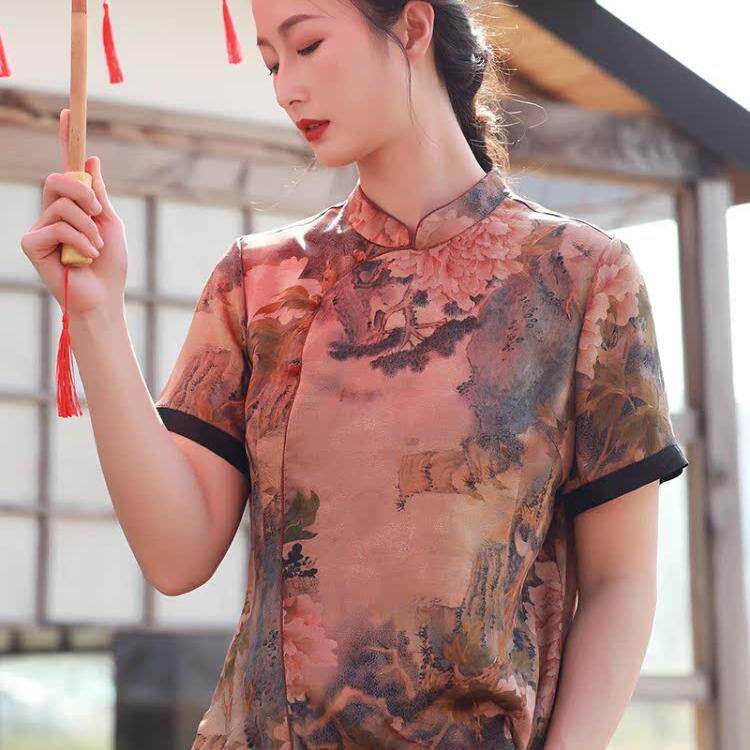 短袖玉石扣新中式真丝花萝香云纱