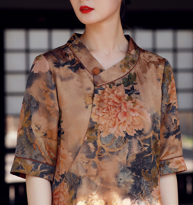 国色牡丹 真丝香云纱连衣裙女桑蚕丝 透孔花罗旗袍印花红云纱长裙