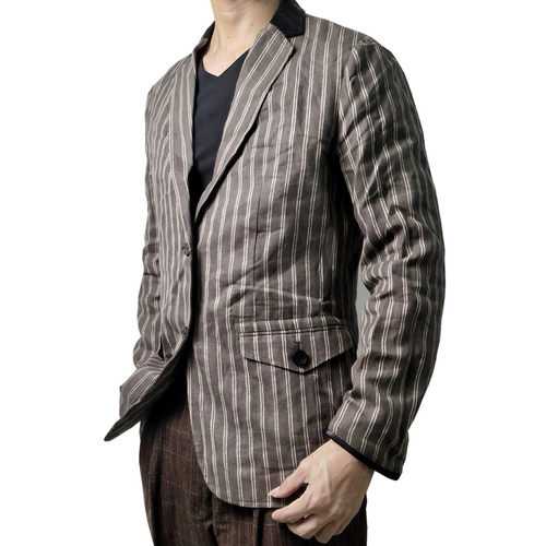棉麻条纹修身版复古休闲小西服