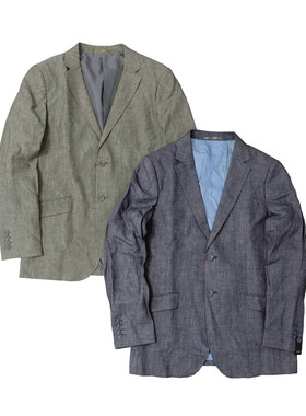 春秋薄全麻面料修身合体剪裁男社交休闲素色两粒扣单西服外套Y414