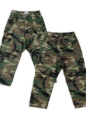 山系宽松廓形复古工装多袋人字纹洗旧迷彩棉布直筒阔腿长裤K823男