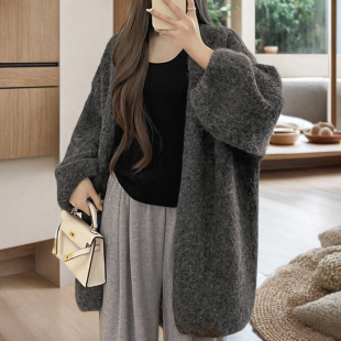 V领羊毛衫毛衣外套女短款开衫宽松慵懒风灯笼袖秋冬针织春秋厚款