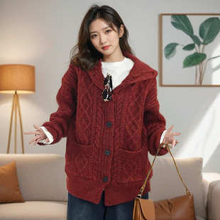 红色慵懒风宽松羊毛粗线毛衣外套女针织开衫大码加厚秋冬高领休闲