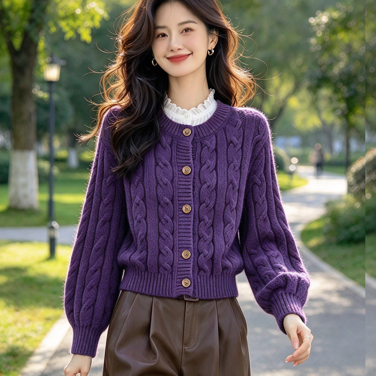 麻花低圆领羊毛衫毛衣外套女短款宽松年轻款加厚粗线秋冬针织开衫