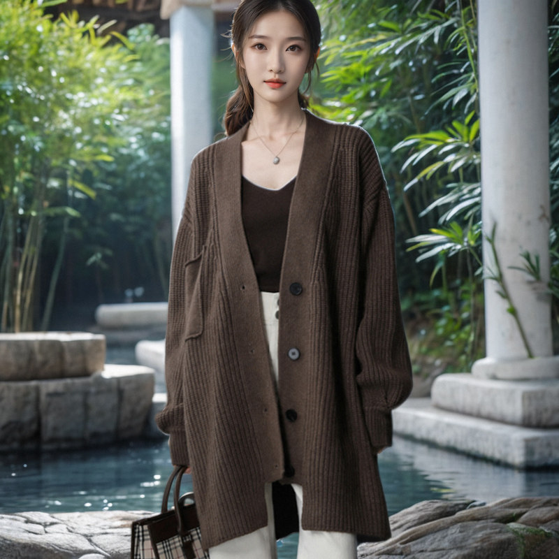 V领羊毛衫针织外套女中长款披肩开衫加厚宽松慵懒风毛衣秋冬粗线