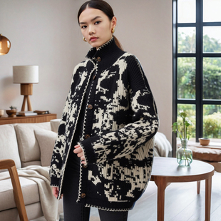 宽松慵懒风毛衣针织开衫女冬季新款短款立领毛衣外套加厚水墨花型