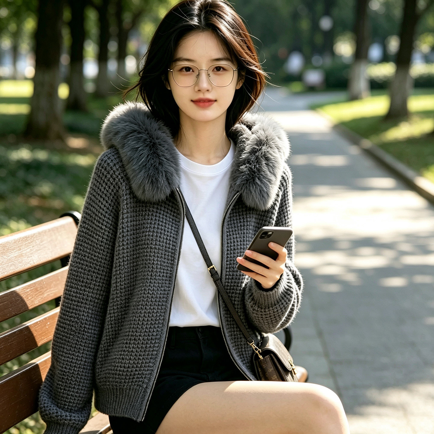 华夫格粗线带帽毛毛领毛衣外套女