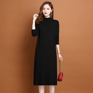2025年半高领针织连衣裙女中长款加绒加厚一体绒打底衫毛衣裙内搭