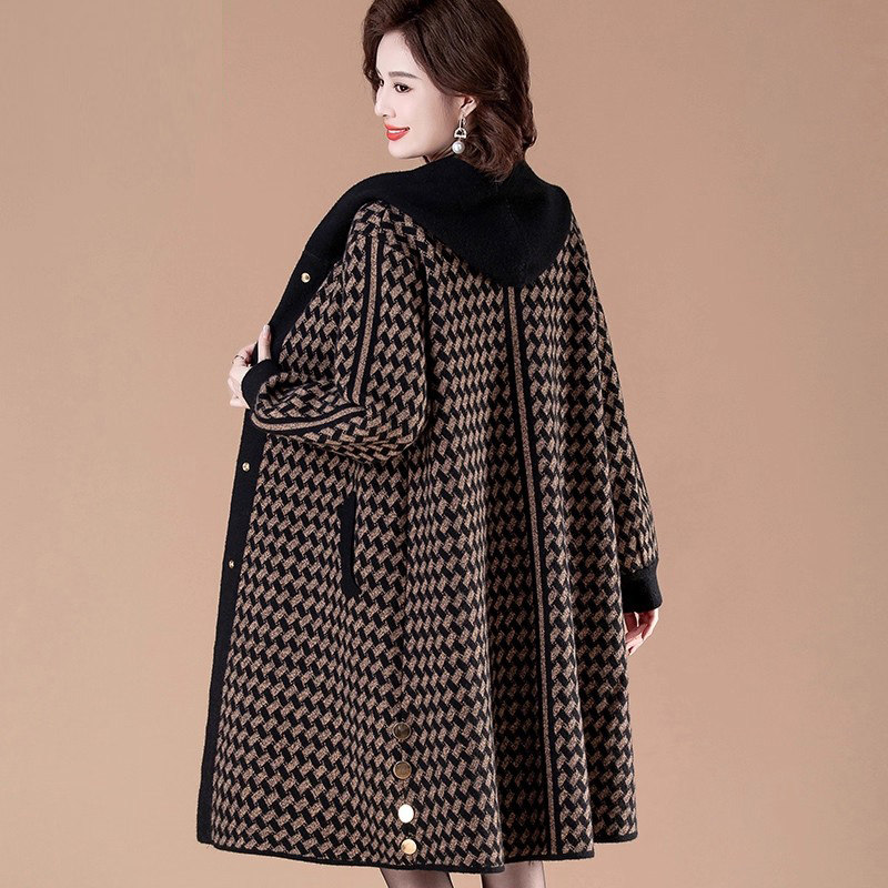 宽松款条纹连帽毛呢外套大衣女开衫羊绒羊毛大码针织毛衣长款秋冬