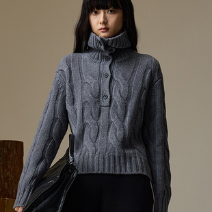 欧版高领麻花羊毛衫毛衣女套头短款宽松慵懒风秋冬针织衫粗线加厚