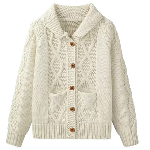 棉线粗线翻领麻花毛衣外套女开衫短款宽松慵懒风秋冬针织加厚外搭