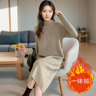 加绒加厚一体绒流苏毛衣女连衣裙